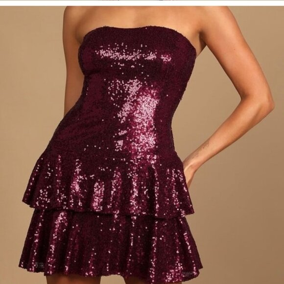LULUS ON THE INVITATION BURGANDY SEQUIN MINI DRESS MED - Picture 2 of 7